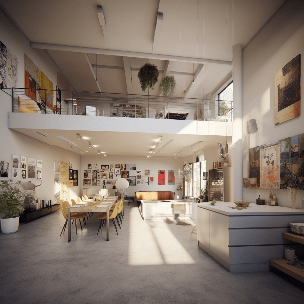 A realistic 3D rendering of a modern interior design proposal.